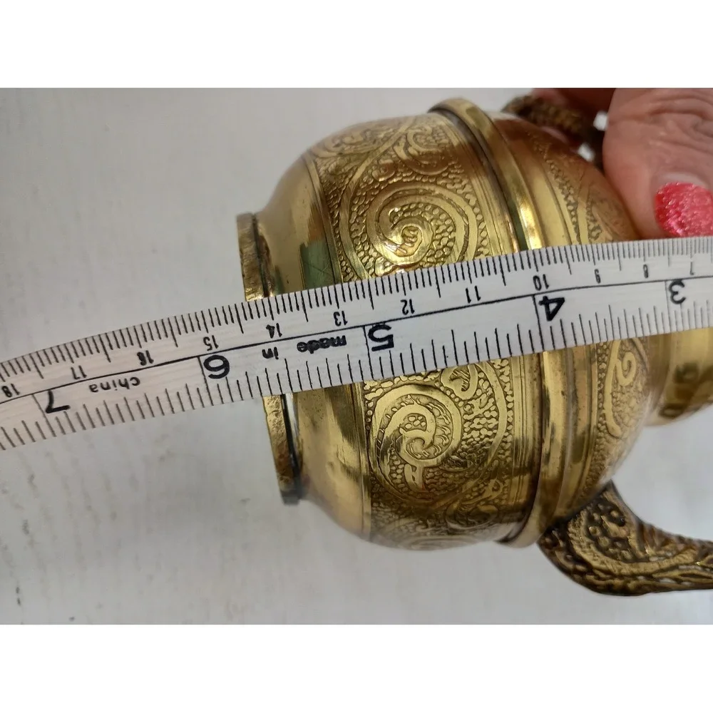 Vintage Teapot Embossed Brass Asian Small Gold Decorative Tea Pot Etched Floral